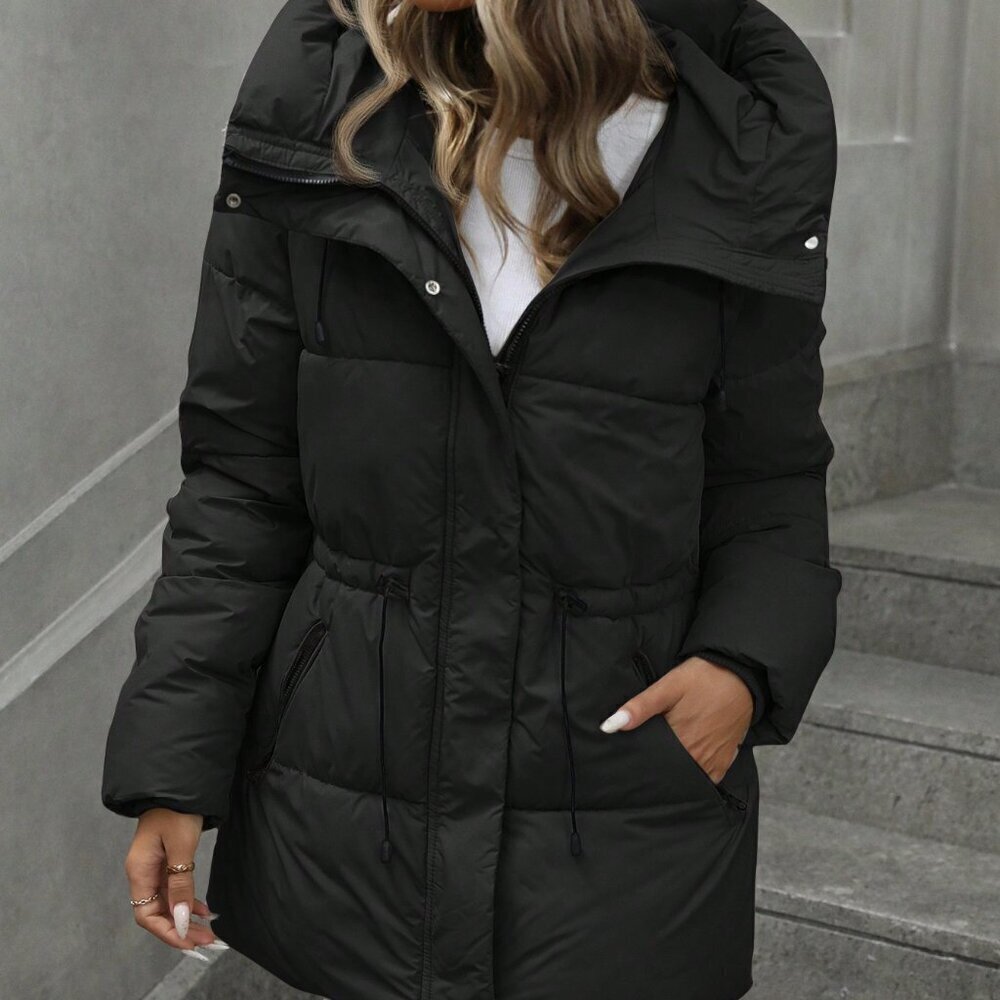 Black Casual Women's Adjustable Waist Quilted padded Coat Jacket